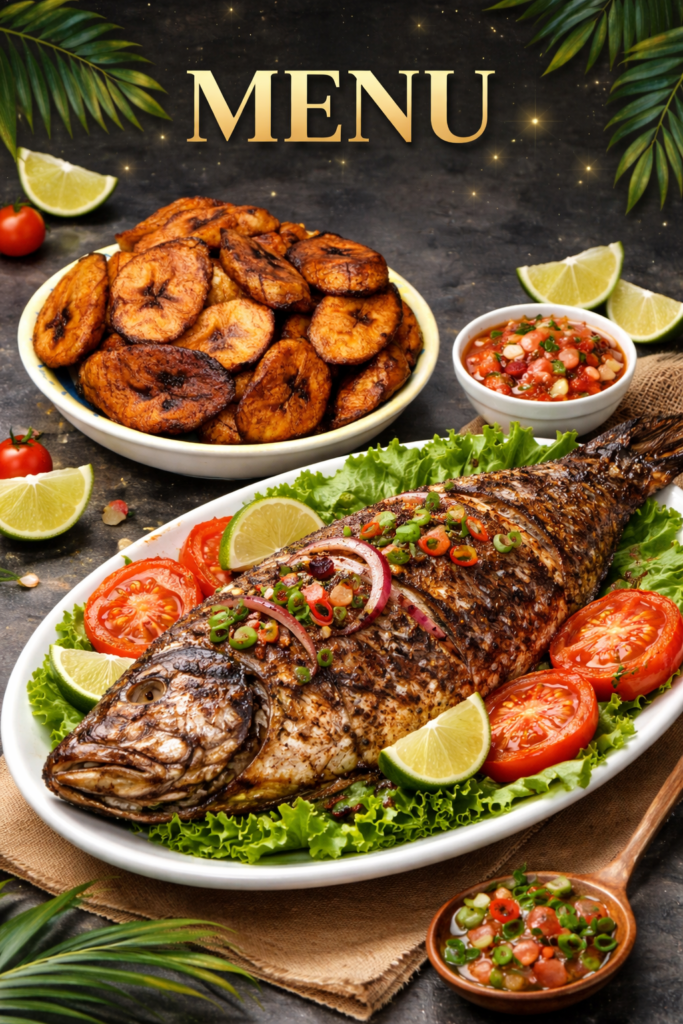 Poisson braisé aux épices, Aloko fondant , salsa fraîche citronnée (Samedi)