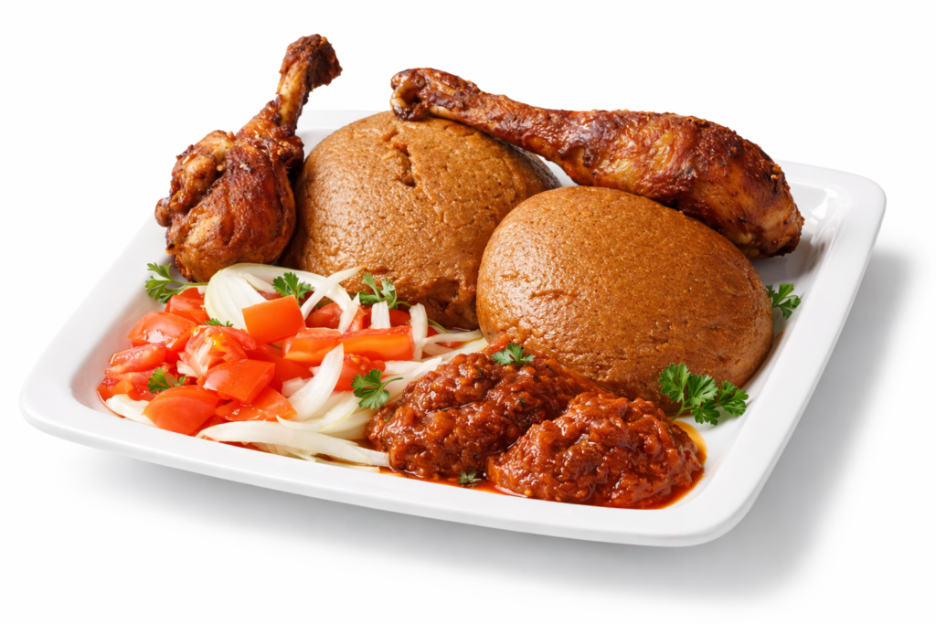 Djékoumé aux cuisses de poulet grillées, sauce tomate épicée (Vendredi)