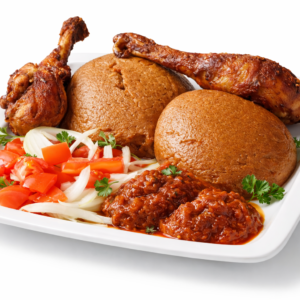 Djékoumé aux cuisses de poulet grillées, sauce tomate épicée (Vendredi)