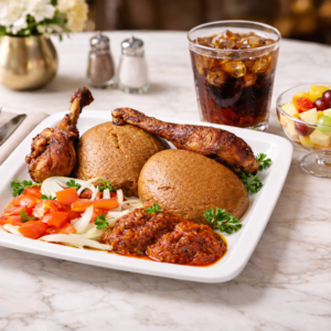 Menu Djékoumé aux cuisses de poulet grillées, sauce tomate épicée + Boisson + dessert (Vendredi)